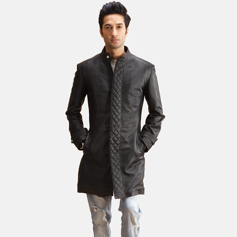 Men's Midlander Quilted Svart Skinnkåpe for Herre in Black Sheepskin Leather - Front Profile View &amp; Tailored Silhouette | Buy Online