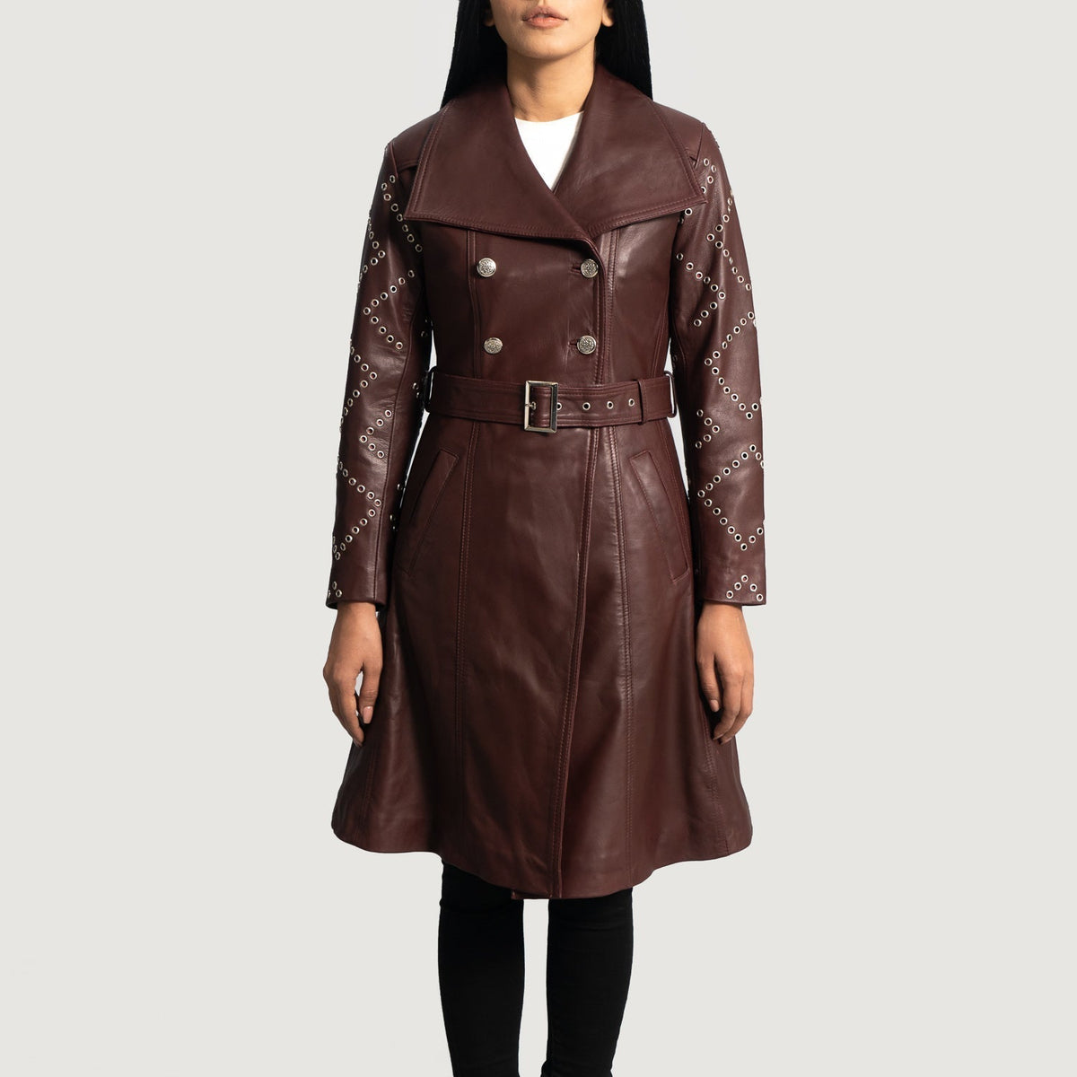 
Missoni Maroon Leather Trench Coat in Maroon Sheepskin Leather - Front Profile View & Tailored Silhouette | Buy Online