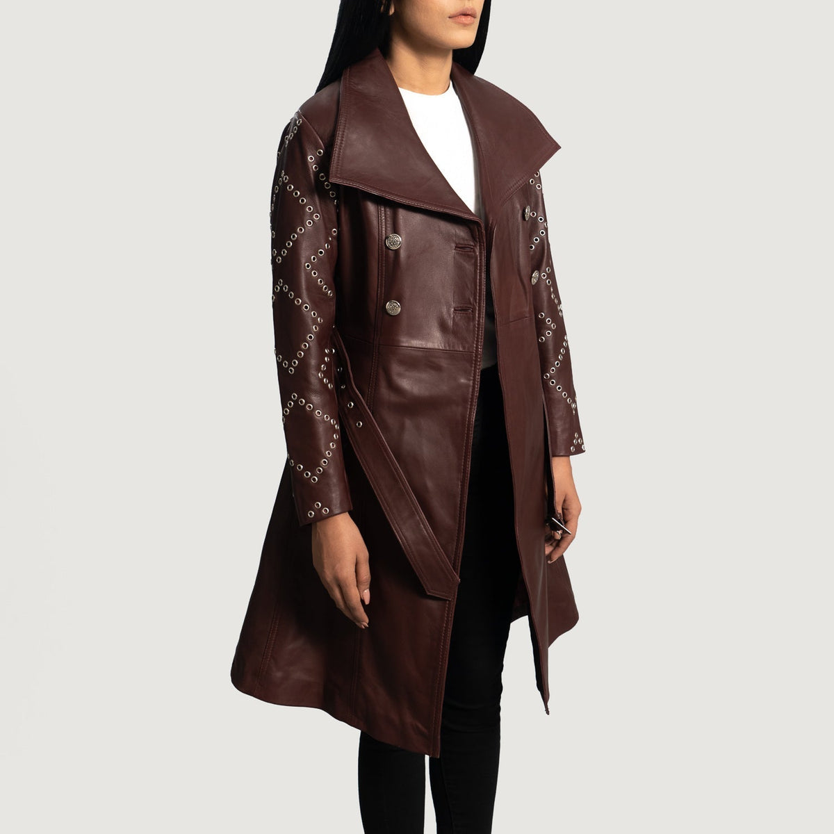 
Missoni Maroon Leather Trench Coat - Lateral Side Profile View Showing Sleeve Cut & Athletic Taper Fit