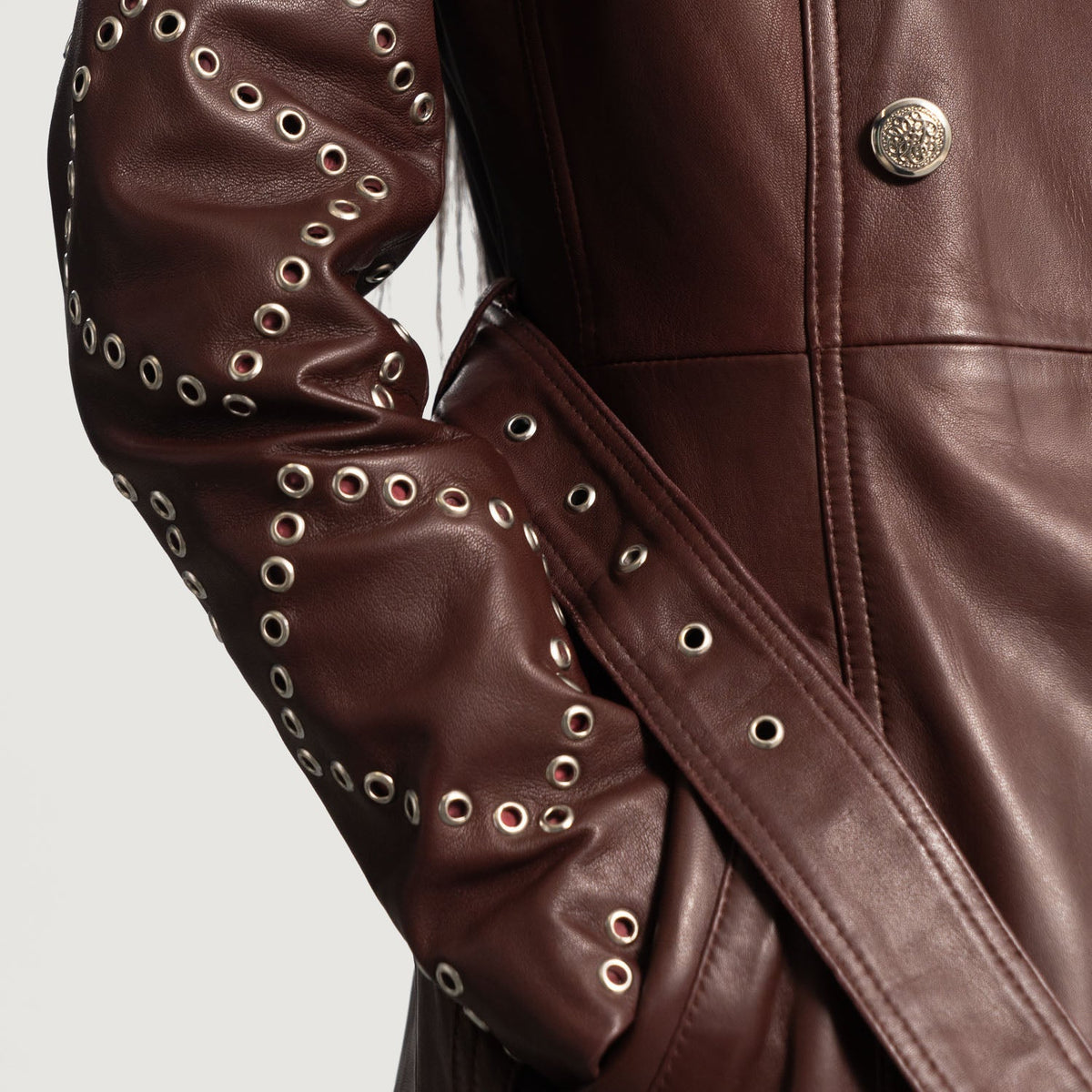
Close-Up Detail of Notch & Button & Waist belt Hardware on Missoni Maroon Leather Trench Coat