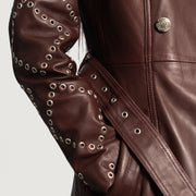 
Close-Up Detail of Notch & Button & Waist belt Hardware on Missoni Maroon Leather Trench Coat