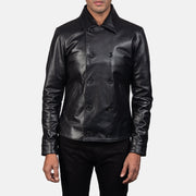 Mod Svart Leather Peacoat for Herre in Black Cowhide Leather - Front Profile View &amp; Tailored Silhouette | Buy Online
