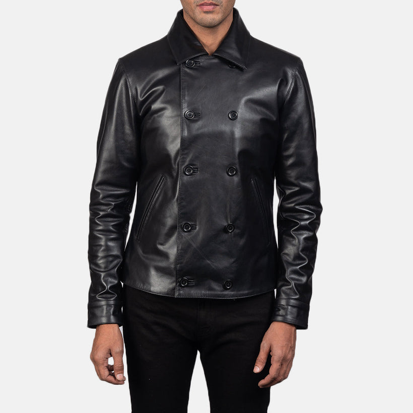 Mod Svart Leather Peacoat for Herre