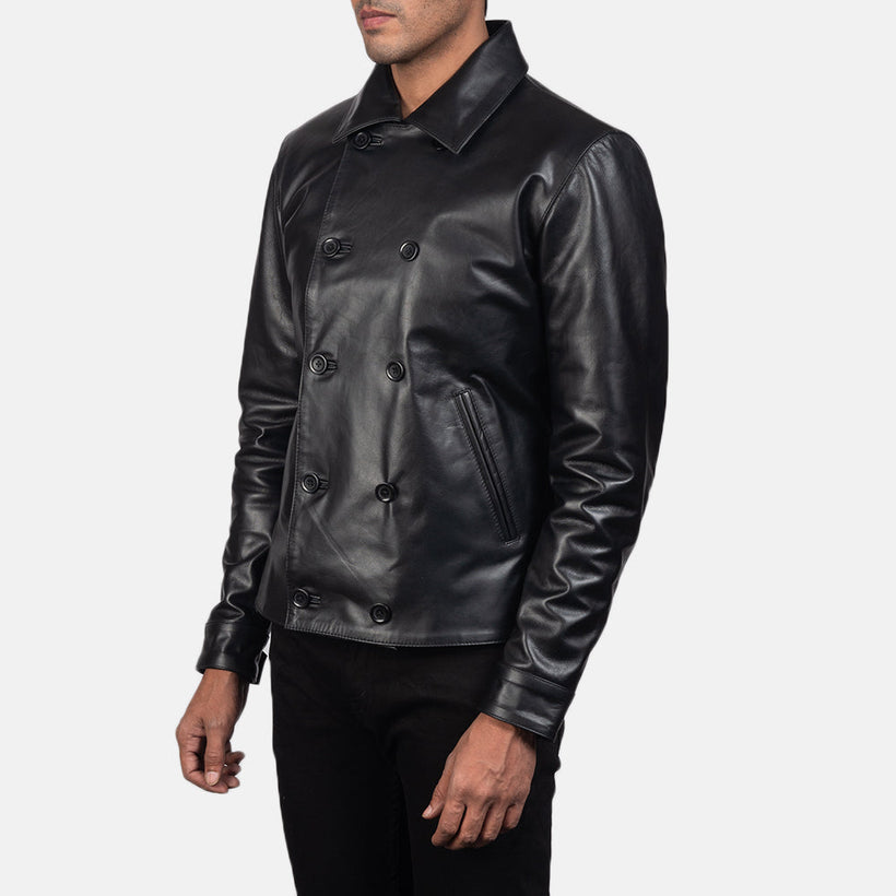 Mod Svart Leather Peacoat for Herre