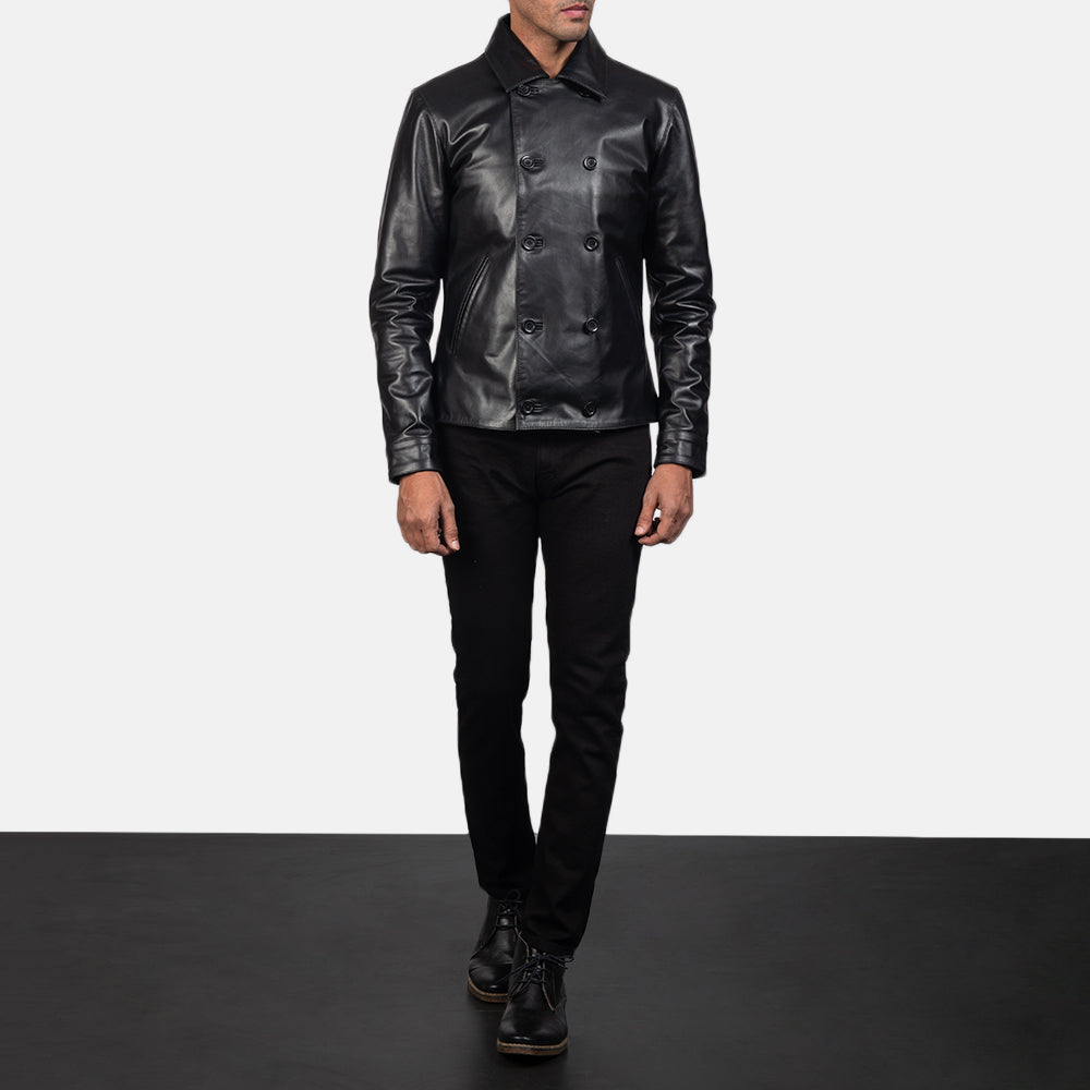 Mod Svart Leather Peacoat for Herre - Lateral Side Profile View Showing Sleeve Cut &amp; Athletic Taper Fit