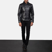 Mod Svart Leather Peacoat for Herre - Lateral Side Profile View Showing Sleeve Cut &amp; Athletic Taper Fit