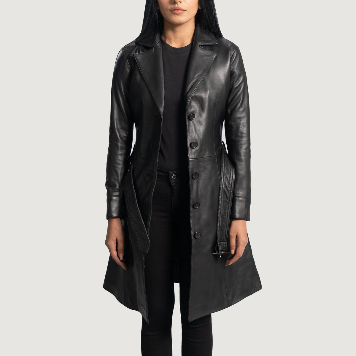 Women's Moonlight Svart Trenchcoat i Skinn for Kvinner in Black Sheepskin Leather - Front Profile View &amp; Tailored Silhouette | Buy Online