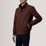 Morrison Brun Canvas Bomberjakke i Skinn for Herre For Men - Lateral Side Profile View Showing Sleeve Cut &amp; Athletic Taper Fit