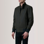 Morrison Olive Canvas Bomberjakke i Skinn for Herre For Men - Lateral Side Profile View Showing Sleeve Cut &amp; Athletic Taper Fit