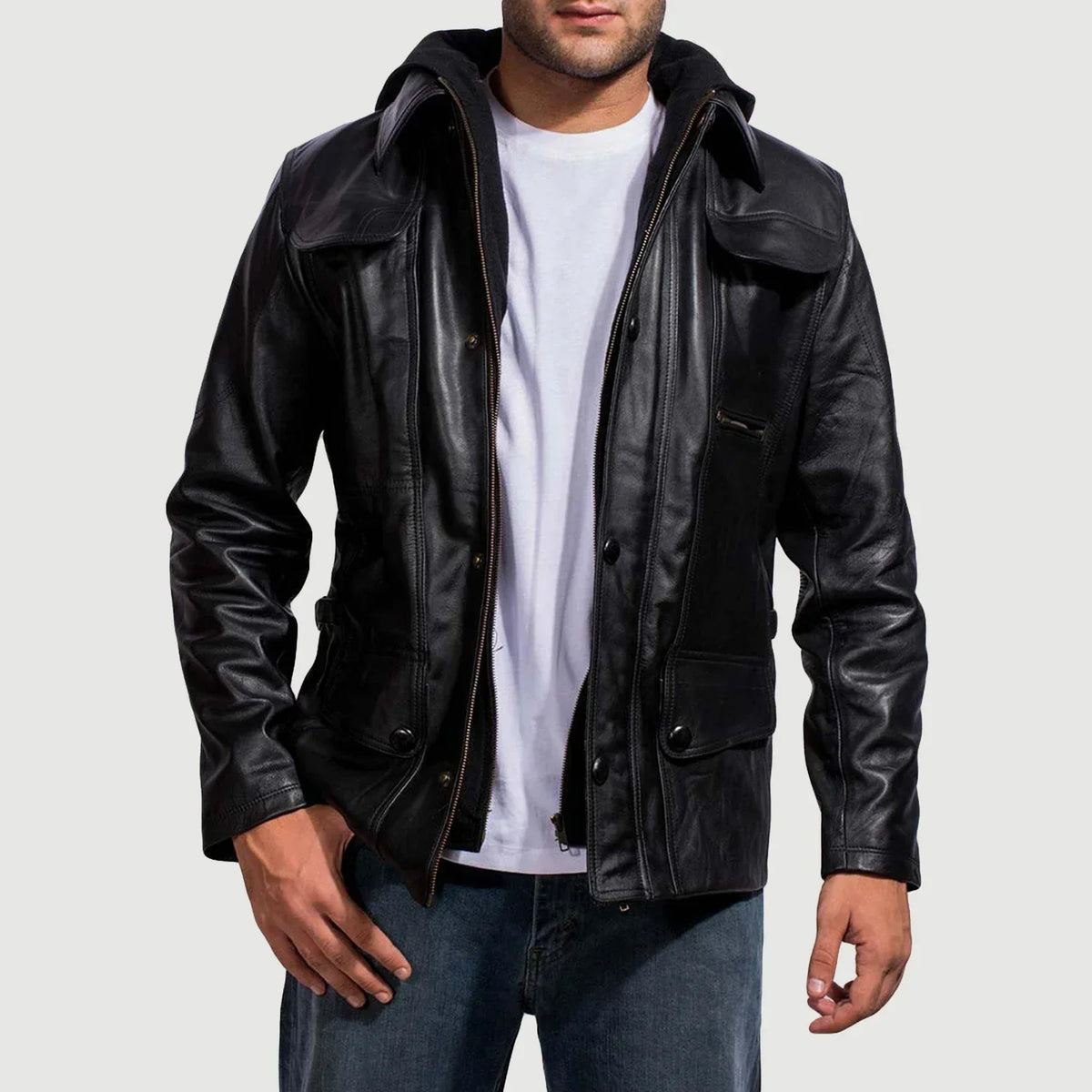 Men's Moulder Hooded Svart Skinnjakke for Herre in Black Cowhide Leather - Front Profile View &amp; Tailored Silhouette | Buy Online