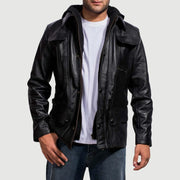 Men's Moulder Hooded Svart Skinnjakke for Herre in Black Cowhide Leather - Front Profile View &amp; Tailored Silhouette | Buy Online