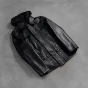 Zipper &amp; Hem Craftsmanship Construction Detail on Men's Moulder Hooded Svart Skinnjakke for Herre