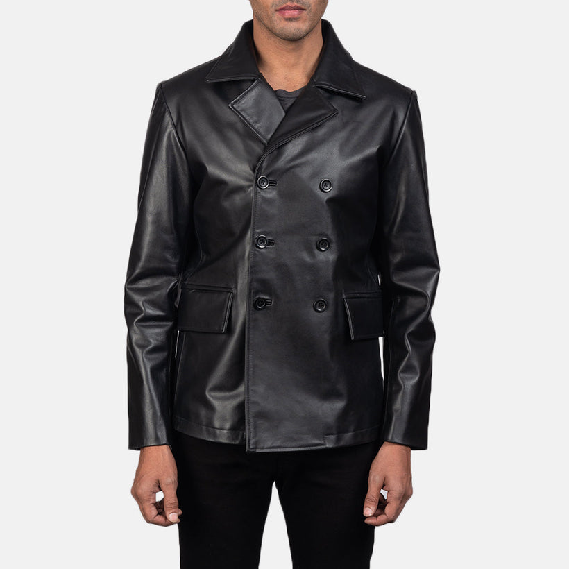 Mr. Bailey Svart Leather Naval Peacoat for Herre