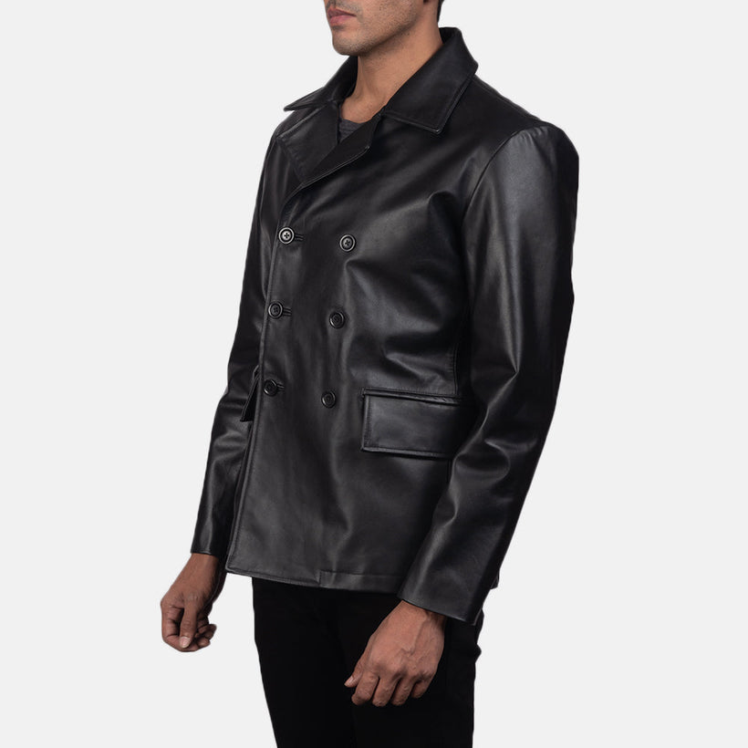 Mr. Bailey Svart Leather Naval Peacoat for Herre