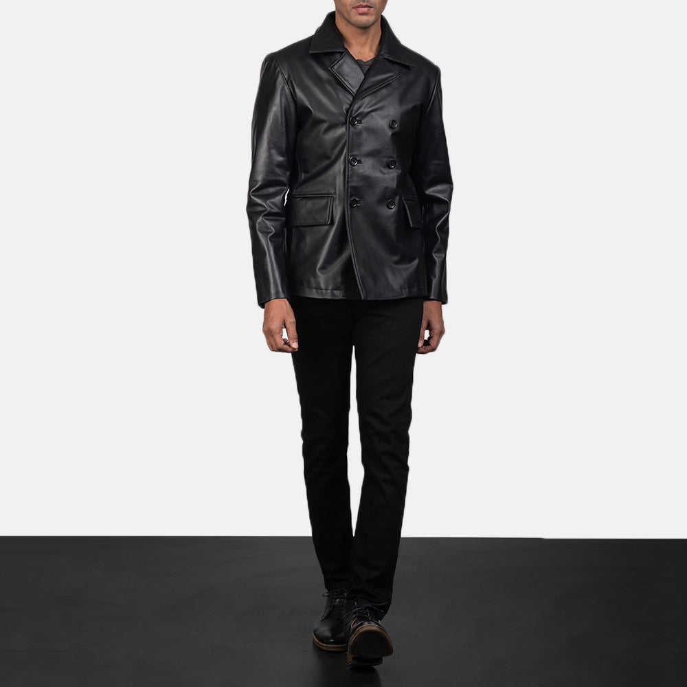 
Mr. Bailey Black Leather Naval Peacoat - Lateral Side Profile View Showing Sleeve Cut & Athletic Taper Fit