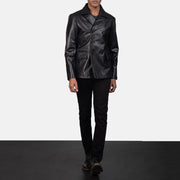 
Mr. Bailey Black Leather Naval Peacoat - Lateral Side Profile View Showing Sleeve Cut & Athletic Taper Fit