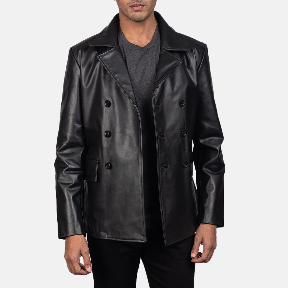 
Close-Up Detail of Notch & Buttons Hardware on Mr. Bailey Black Leather Naval Peacoat
