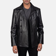 
Close-Up Detail of Notch & Buttons Hardware on Mr. Bailey Black Leather Naval Peacoat