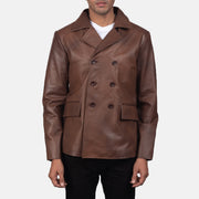 Mr. Bailey Brun Leather Naval Peacoat for Herre in Brown Cowhide Leather - Front Profile View &amp; Tailored Silhouette | Buy Online