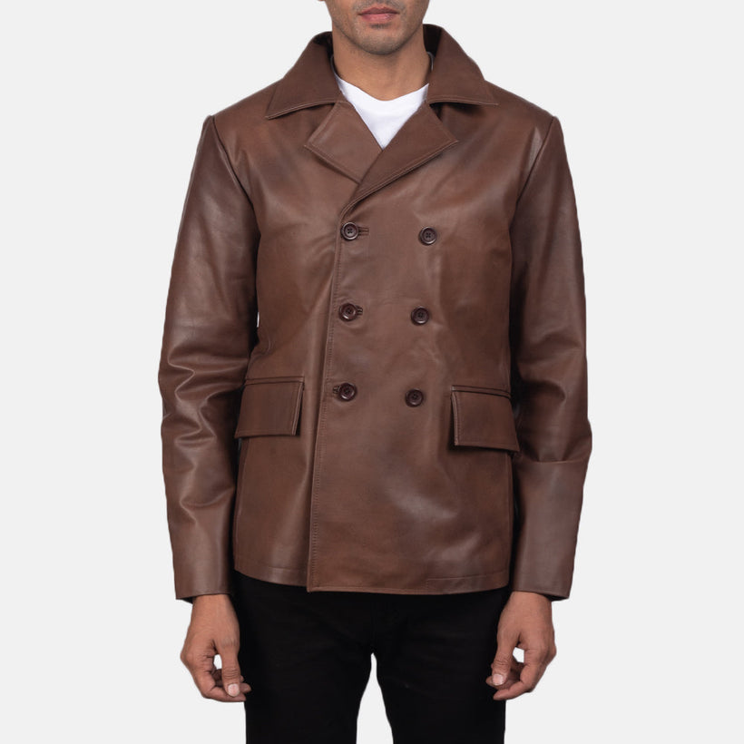 Mr. Bailey Brun Leather Naval Peacoat for Herre