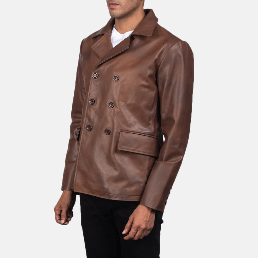 Mr. Bailey Brun Leather Naval Peacoat for Herre
