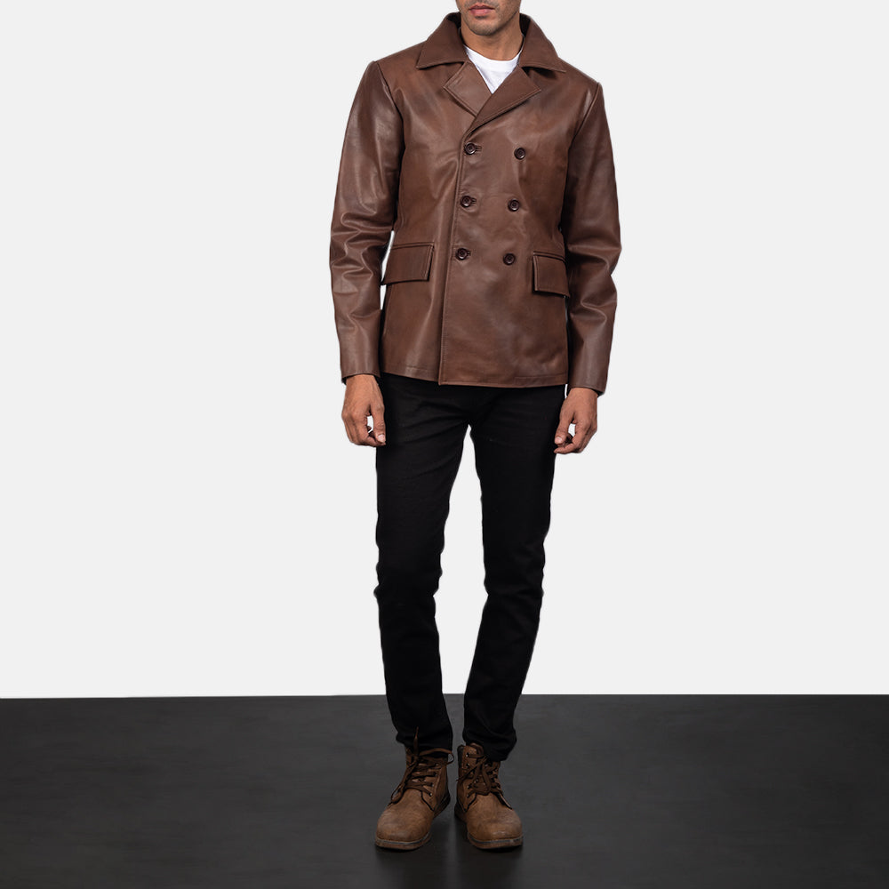 Mr. Bailey Brun Leather Naval Peacoat for Herre - Lateral Side Profile View Showing Sleeve Cut &amp; Athletic Taper Fit