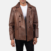 Close-Up Detail of Notch &amp; Buttons Hardware on Mr. Bailey Brun Leather Naval Peacoat for Herre