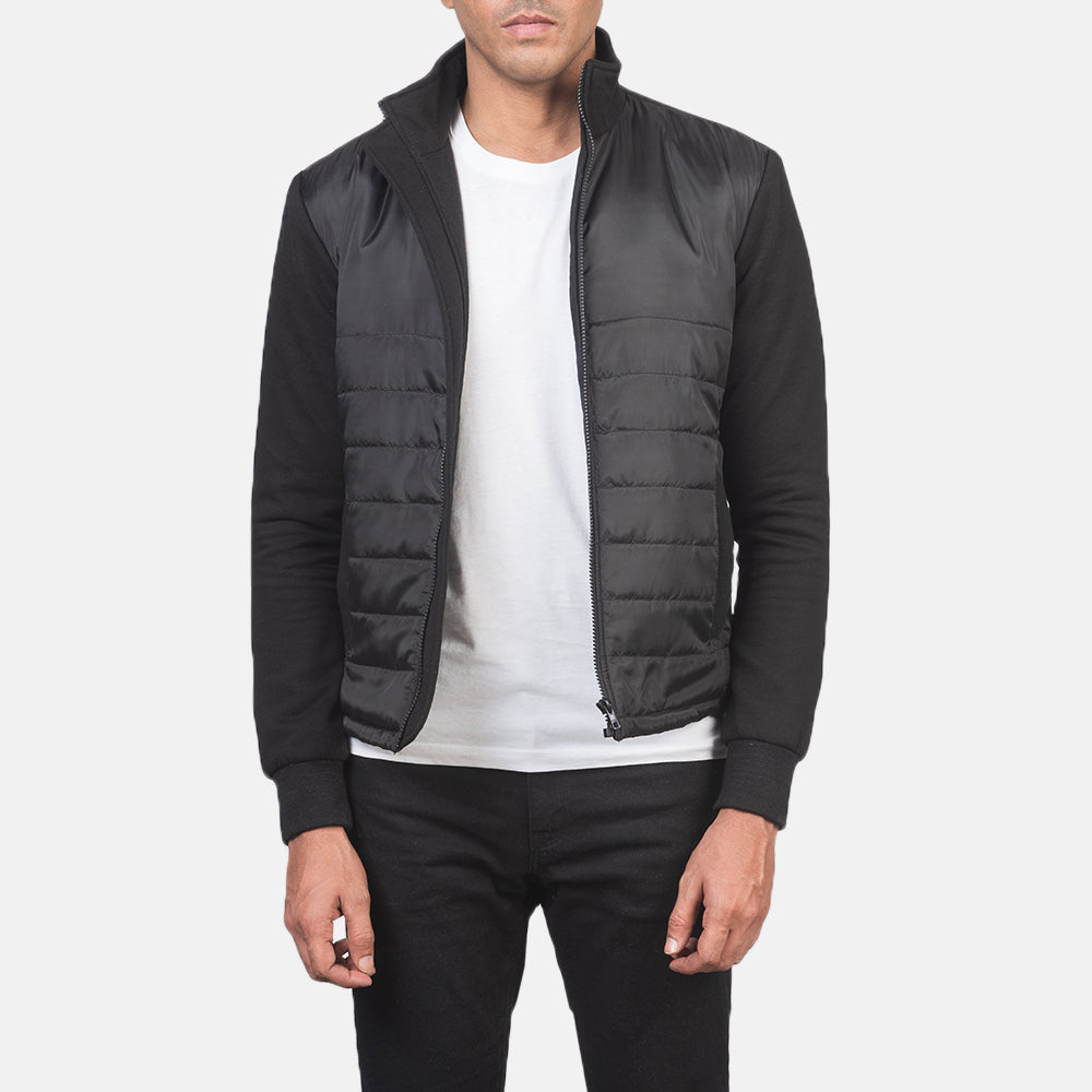 
Nashville Quilted Black Windbreaker Jacket in Black Polyester (Torso) &Amp; Knitted Fabric (Sleeves) - Front Profile View & Tailored Silhouette | Buy Online