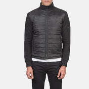 
Close-Up Detail of High Neck & Zipper with wind flap Hardware on Nashville Quilted Black Windbreaker Jacket