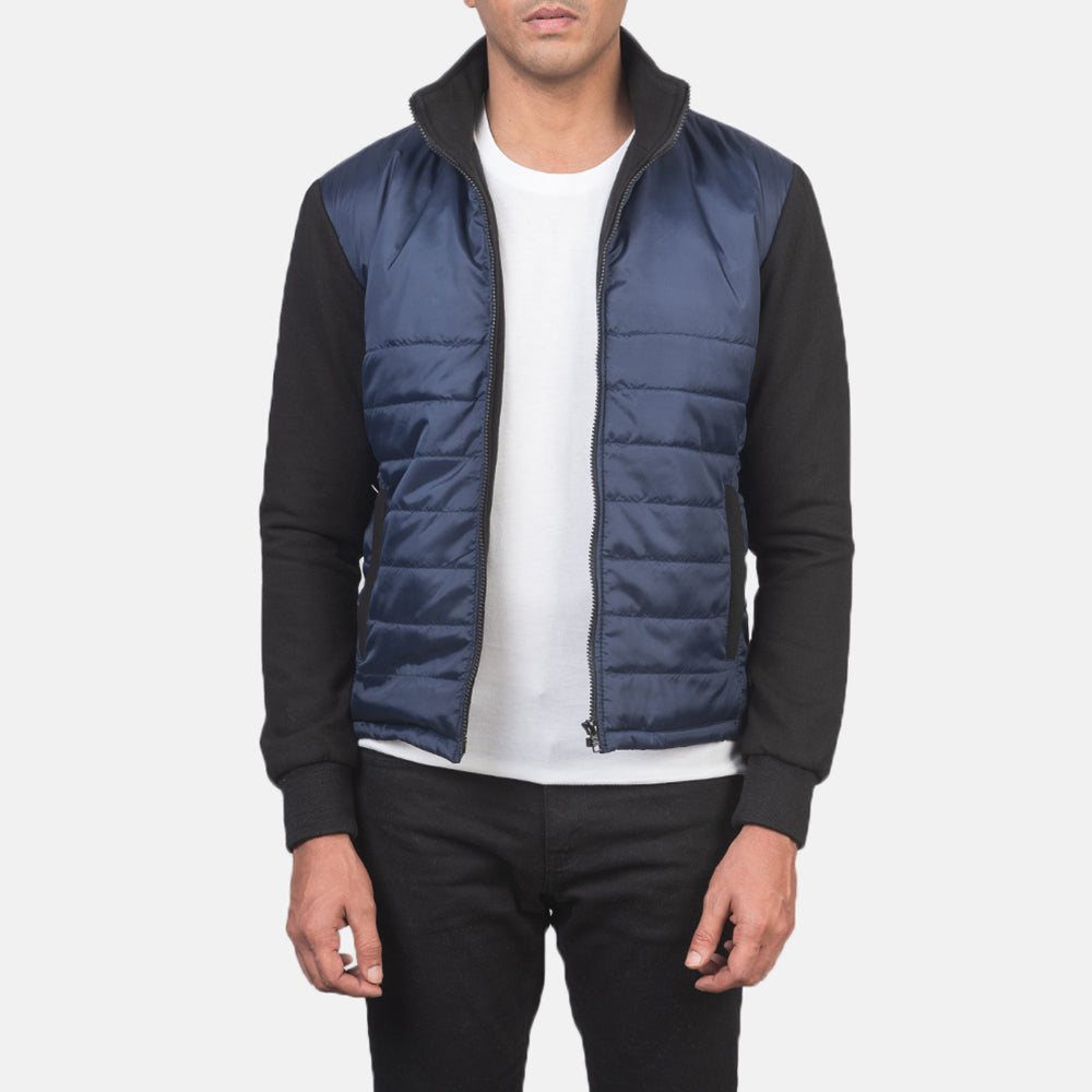 
Nashville Quilted Blue Windbreaker Jacket in Blue & Black Nylon (Torso) &Amp; Knitted Fabric (Sleeves) - Front Profile View & Tailored Silhouette | Buy Online