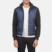 
Nashville Quilted Blue Windbreaker Jacket in Blue & Black Nylon (Torso) &Amp; Knitted Fabric (Sleeves) - Front Profile View & Tailored Silhouette | Buy Online