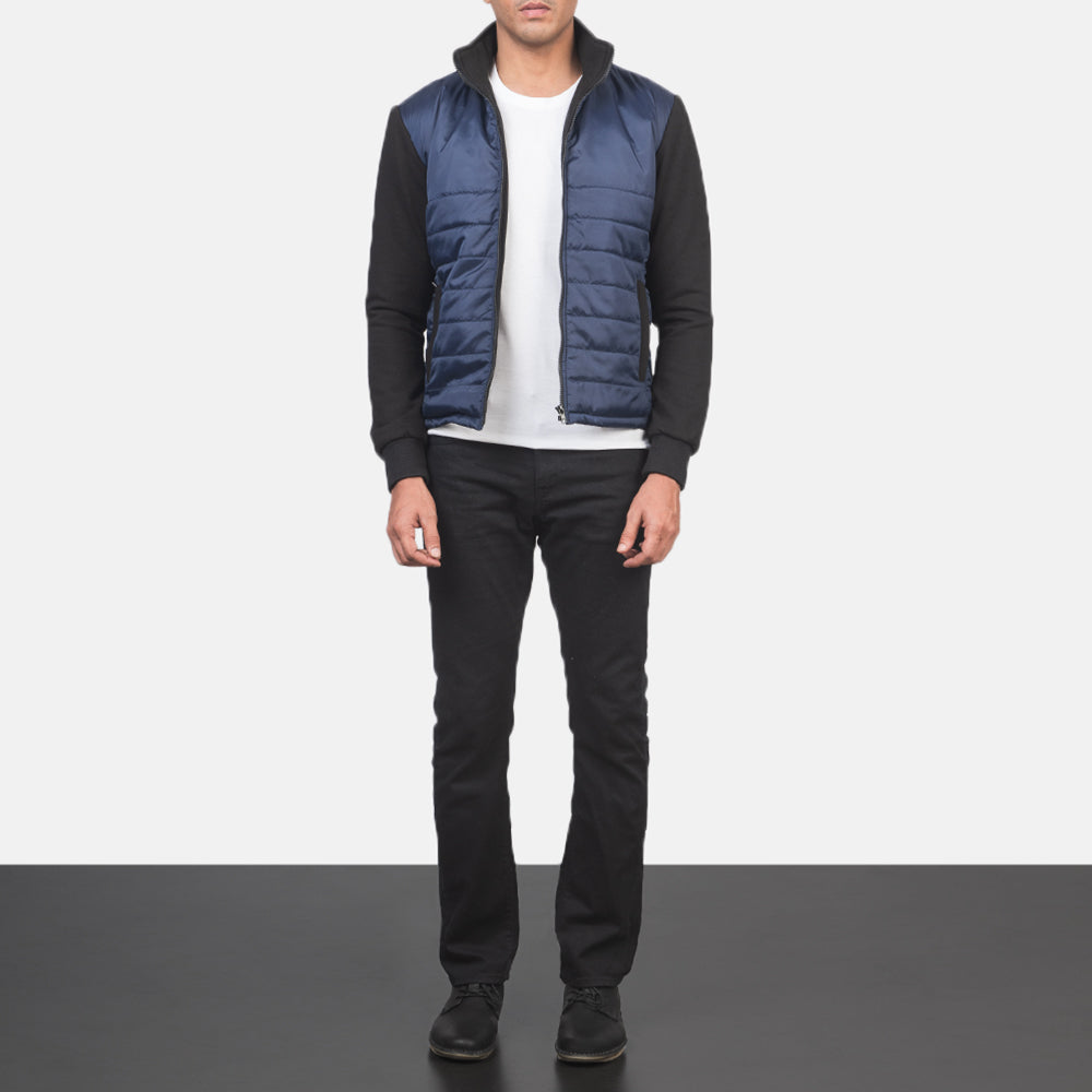 
Nashville Quilted Blue Windbreaker Jacket - Lateral Side Profile View Showing Sleeve Cut & Athletic Taper Fit