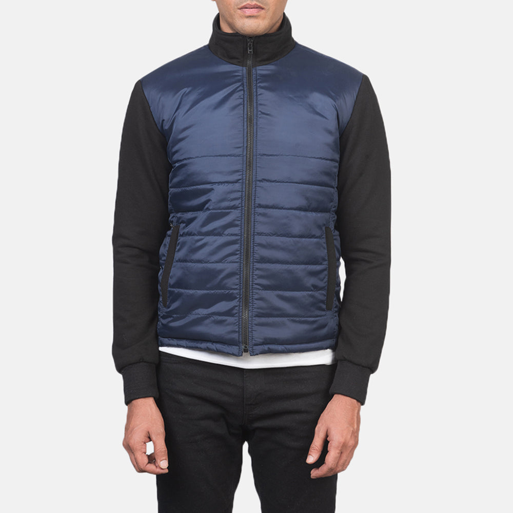 
Close-Up Detail of High Neck & Zipper with wind flap Hardware on Nashville Quilted Blue Windbreaker Jacket