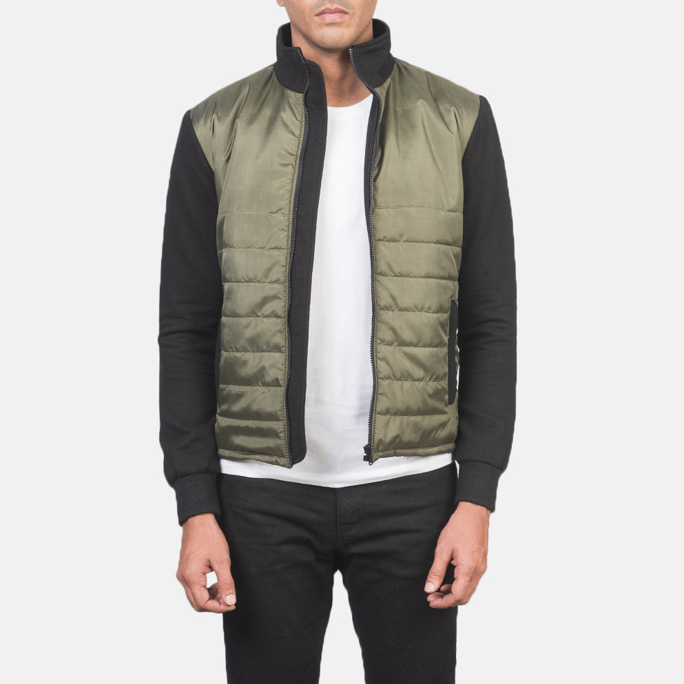 
Nashville Quilted Green Windbreaker Jacket in Green & Black Nylon (Torso) &Amp; Knitted Fabric (Sleeves) - Front Profile View & Tailored Silhouette | Buy Online