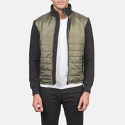 
Nashville Quilted Green Windbreaker Jacket in Green & Black Nylon (Torso) &Amp; Knitted Fabric (Sleeves) - Front Profile View & Tailored Silhouette | Buy Online
