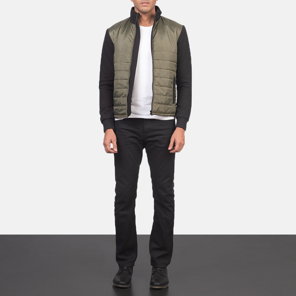 
Nashville Quilted Green Windbreaker Jacket - Lateral Side Profile View Showing Sleeve Cut & Athletic Taper Fit