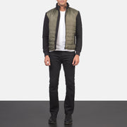 
Nashville Quilted Green Windbreaker Jacket - Lateral Side Profile View Showing Sleeve Cut & Athletic Taper Fit
