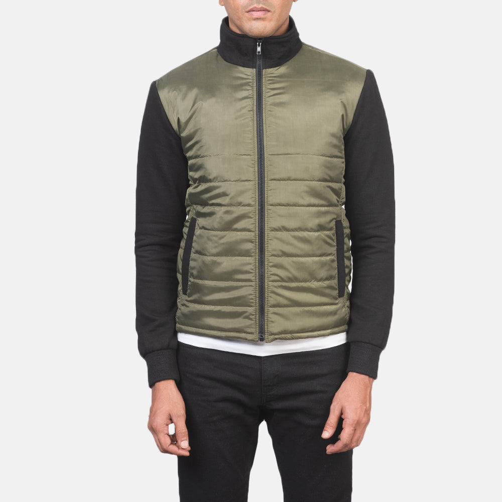 
Close-Up Detail of High Neck & Zipper with wind flap Hardware on Nashville Quilted Green Windbreaker Jacket
