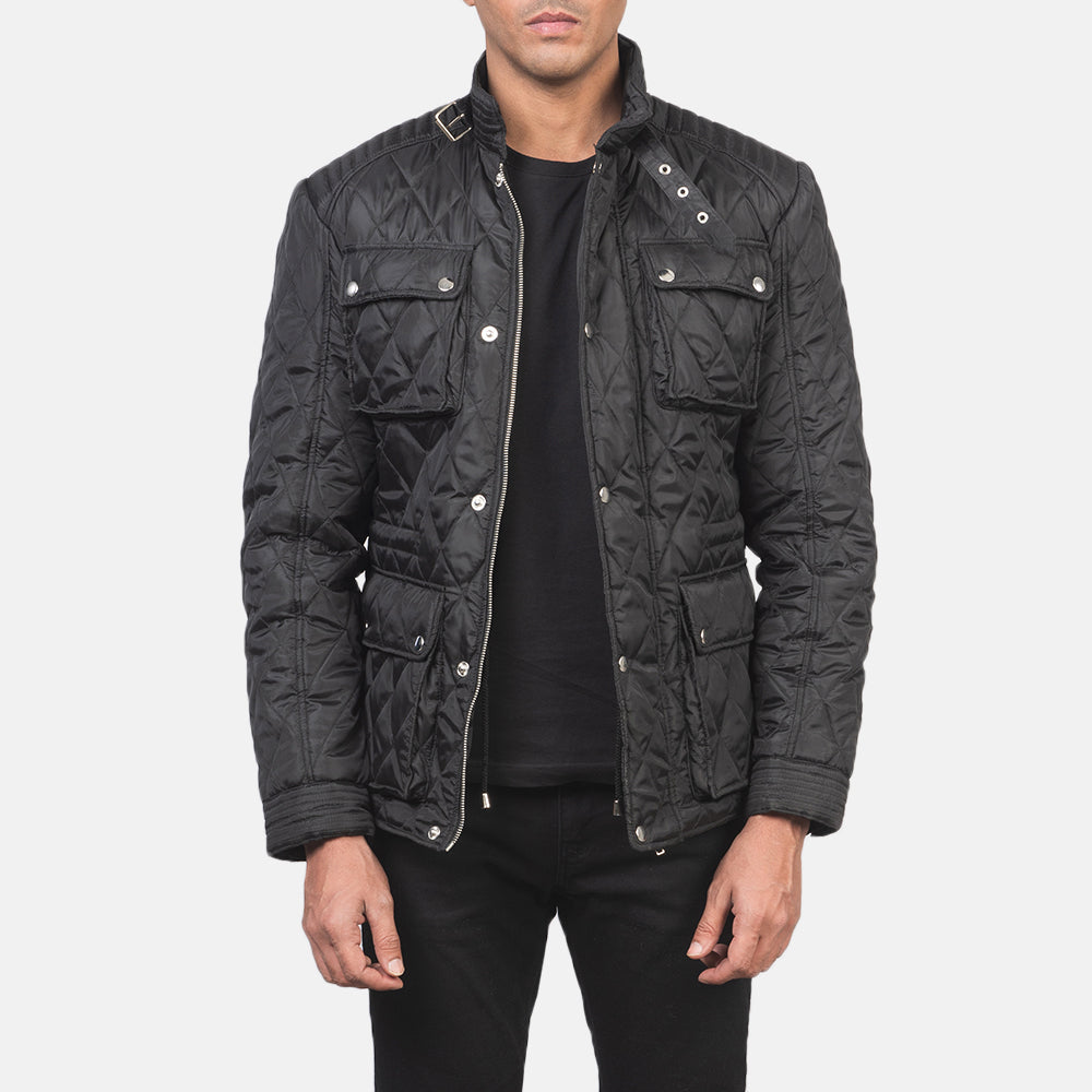 Nelson Quilted Black Windbreaker Jacket in Black Polyester - Front Profile View & Tailored Silhouette | Buy Online