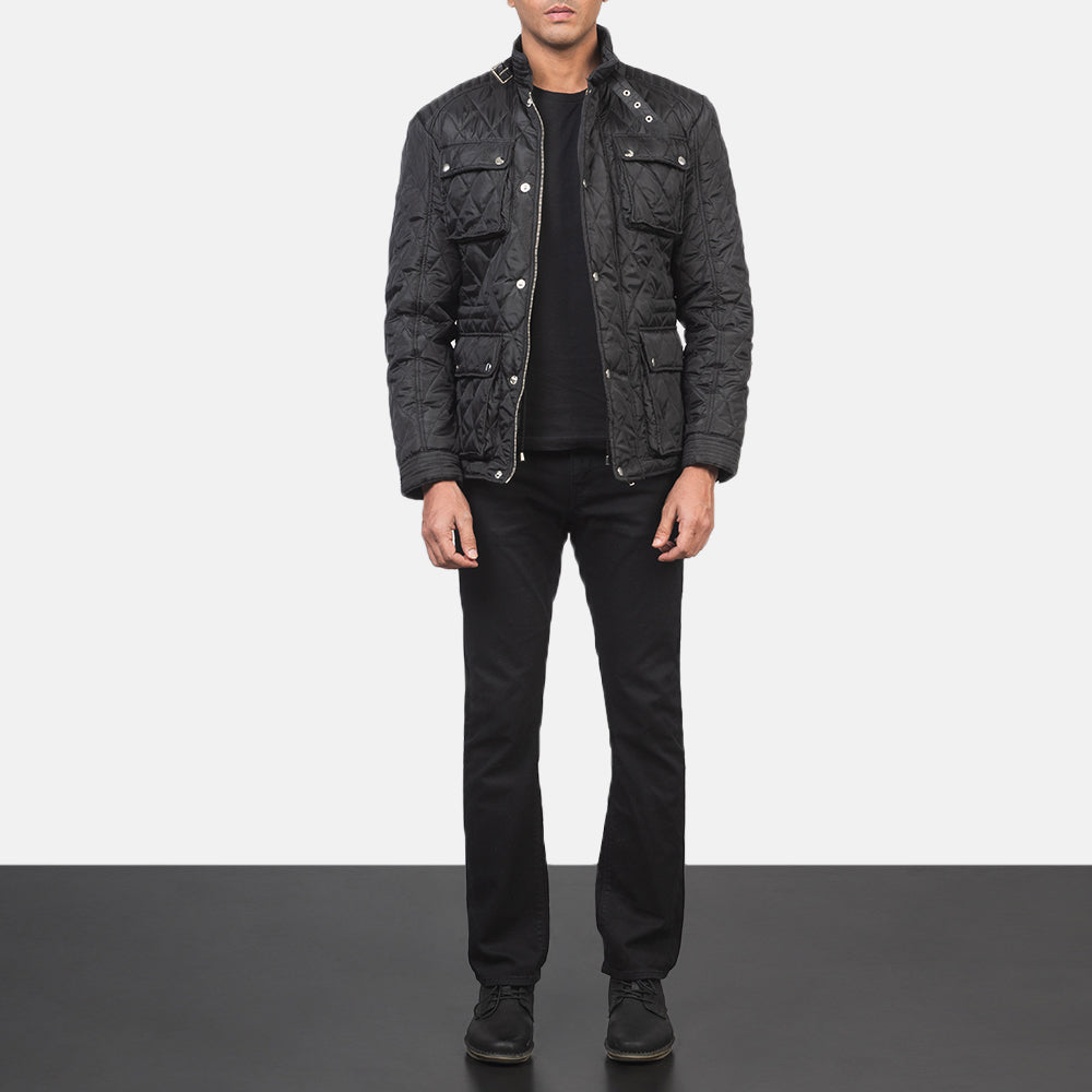 Men's Nelson Quilted Svart Windbreaker Skinnjakke for Herre - Lateral Side Profile View Showing Sleeve Cut &amp; Athletic Taper Fit