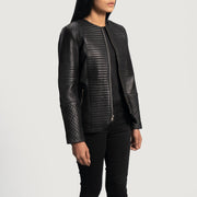 
Styled Fit Perspective of Nexi Quilted Maroon Leather Jacket on Model - Natural Daylight Drape