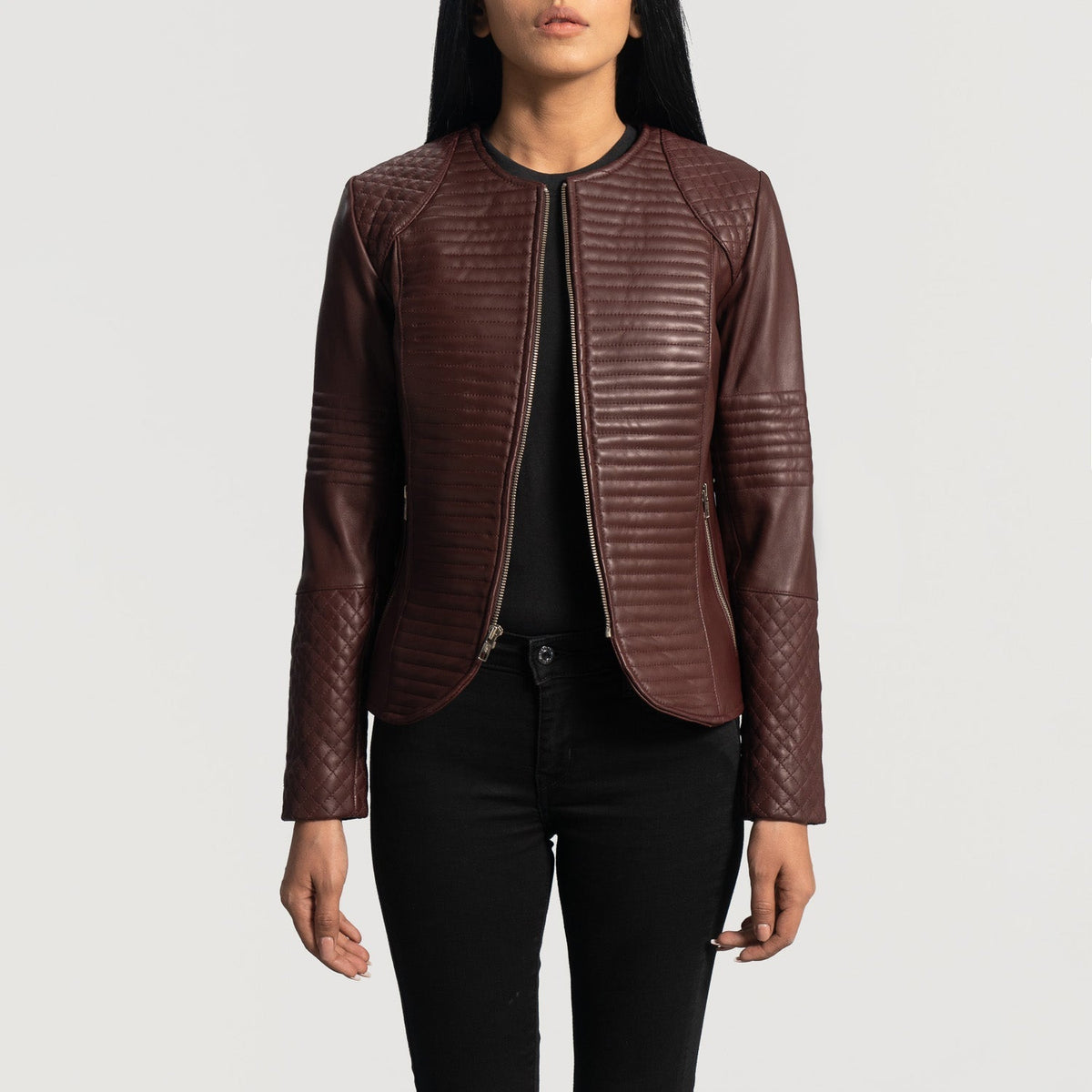 
Nexi Quilted Maroon Leather Jacket - Lateral Side Profile View Showing Sleeve Cut & Athletic Taper Fit