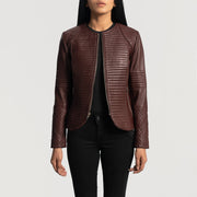 
Nexi Quilted Maroon Leather Jacket - Lateral Side Profile View Showing Sleeve Cut & Athletic Taper Fit