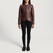 
Close-Up Detail of Classic Collar & Zipper Hardware on Nexi Quilted Maroon Leather Jacket