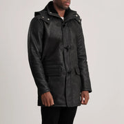 
Distressed Black Sheepskin Snuffed Hooded Jacket - Back View Showing Tailored Shoulder Fit & Clean Hemline