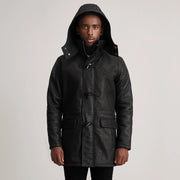 
Close-Up Detail of Band collar & Zipper with Toggle button Hardware on Nolan Black Snuffed Leather Duffle Coat