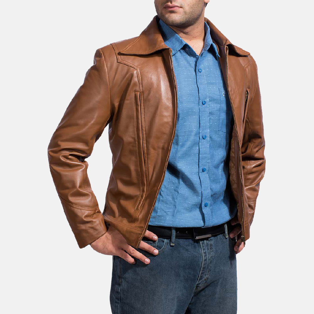 
Old School Brown Leather Jacket - Lateral Side Profile View Showing Sleeve Cut & Athletic Taper Fit