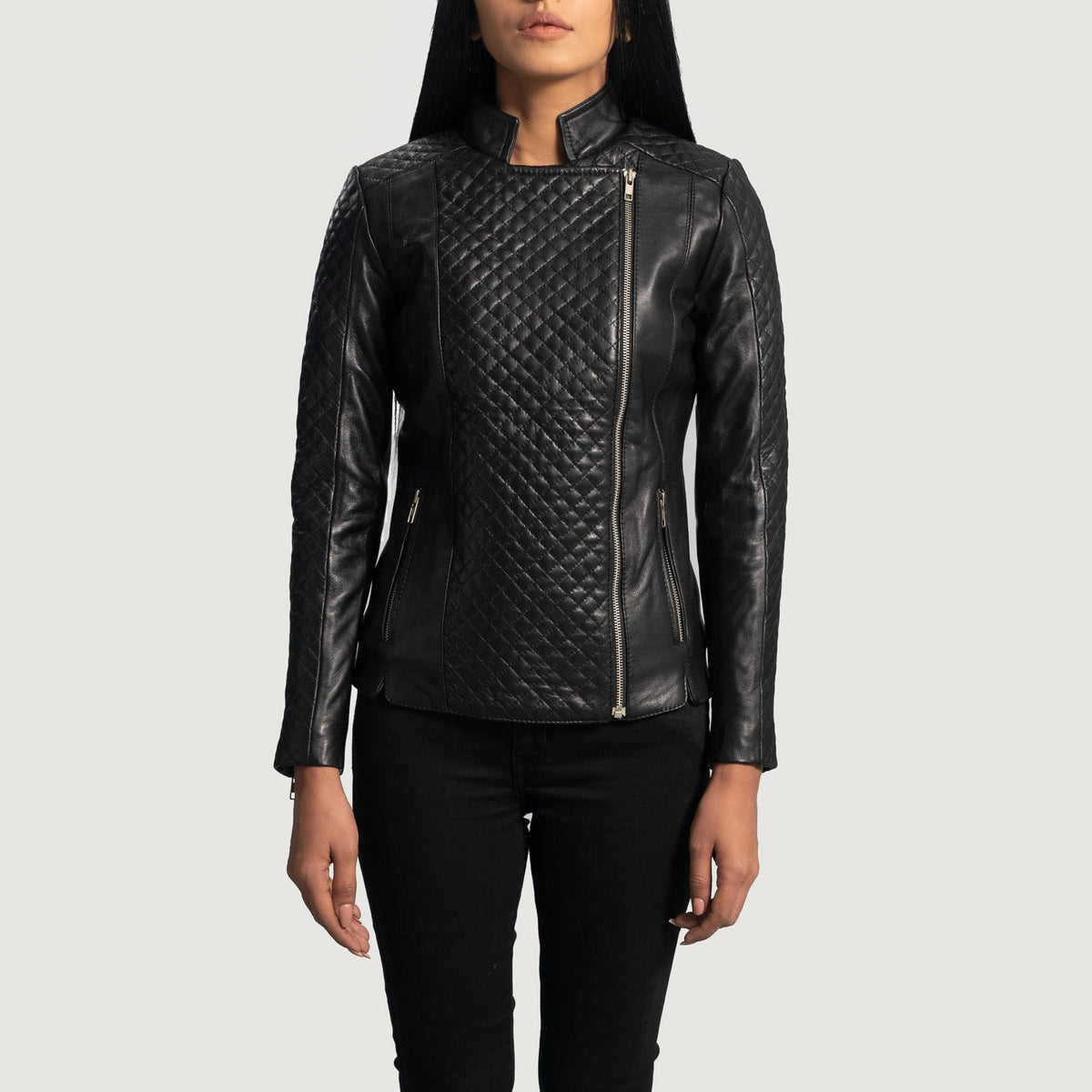 
Orient Grain Quilted Black Leather Biker Jacket in Black Sheepskin Leather - Front Profile View & Tailored Silhouette | Buy Online