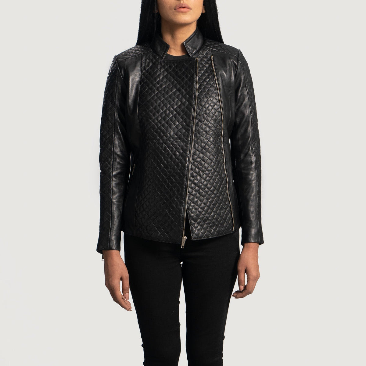 
Orient Grain Quilted Black Leather Biker Jacket - Lateral Side Profile View Showing Sleeve Cut & Athletic Taper Fit