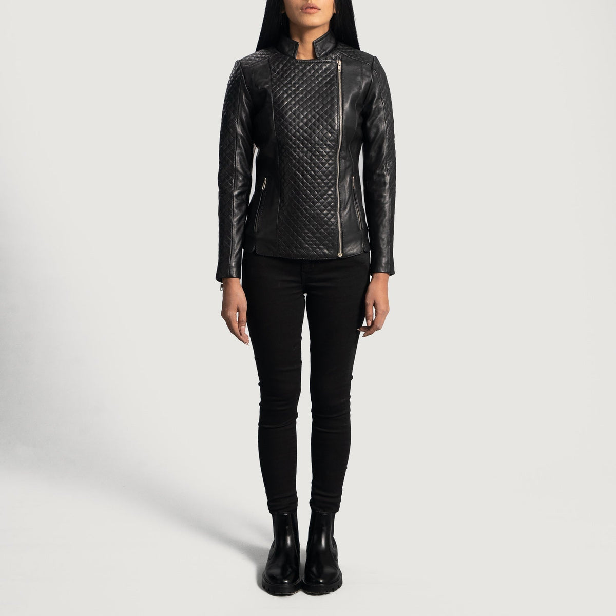 
Close-Up Detail of Band & Zipper Hardware on Orient Grain Quilted Black Leather Biker Jacket